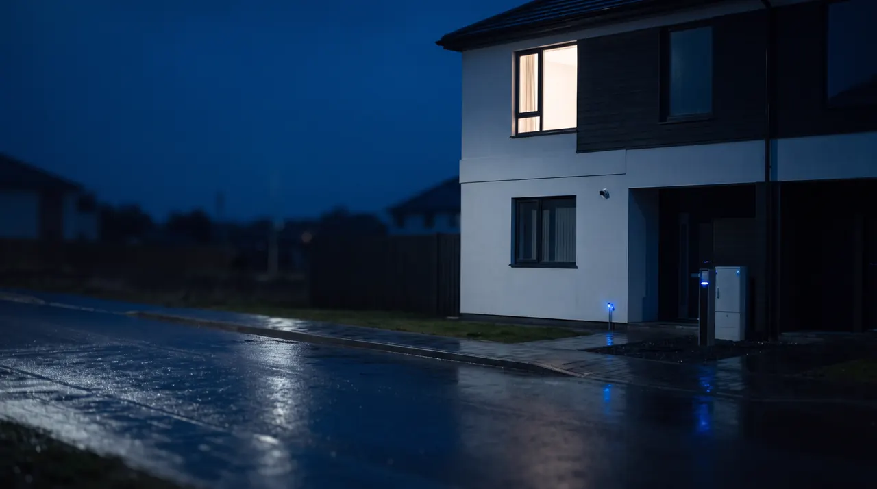 Façade d'une maison la nuit avec une fenêtre éclairée